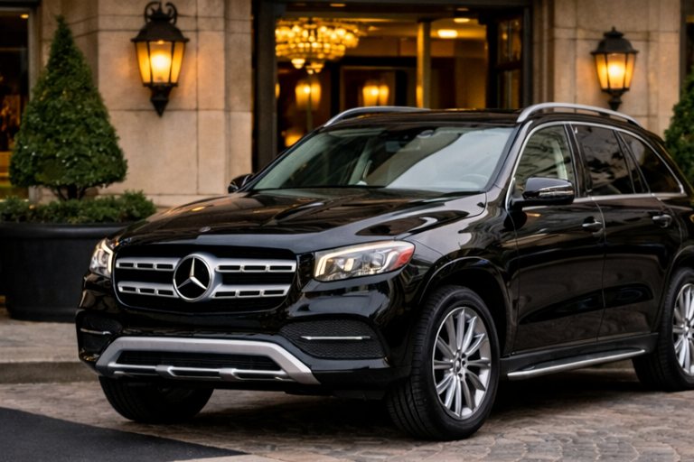 Mercedes-Benz negro de transporte premium frente a un hotel