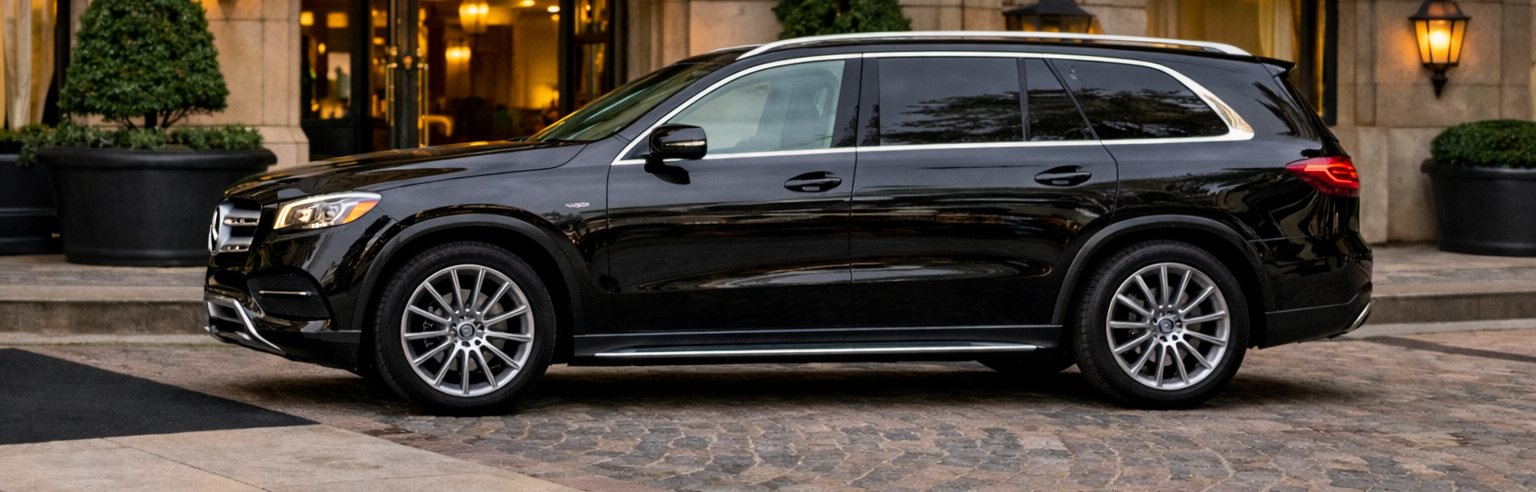 Vehículo Mercedes-Benz negro de perfil frente a un hotel